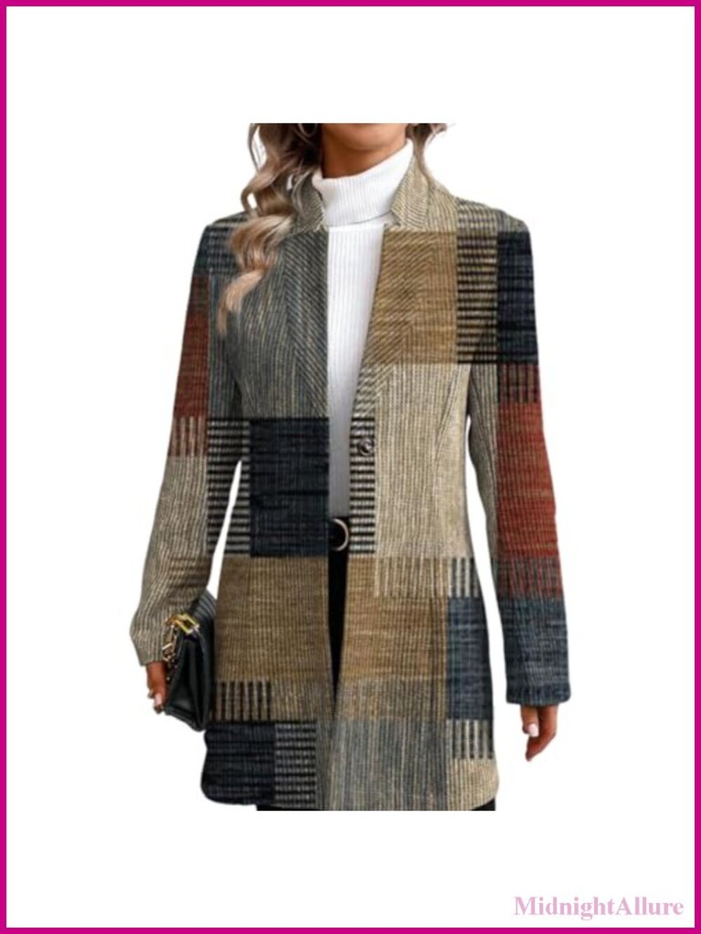 Women's Long Blazer Jacket Open Front Long Sleeve Loose Fit Plaid Work Office